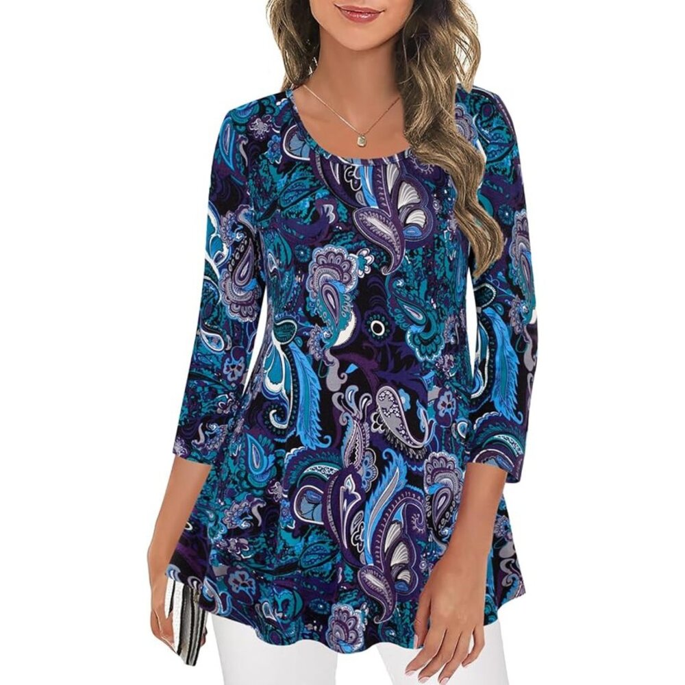 Nandashe Womens Paisley Tunic Top 2XL 3/4 Sleeve Blue Purple Stretch Flowy‎ Boho